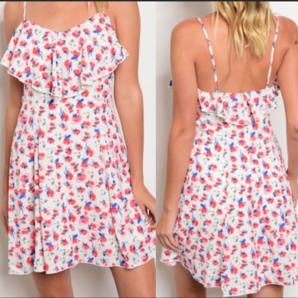 Hommage Floral ruffle spaghetti strap dress Large